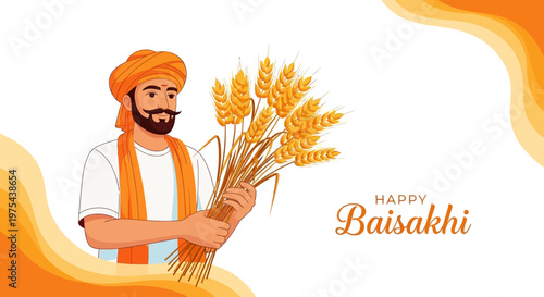 A vector illustration celebrating the happy Baisakhi festival, featuring a smiling Punjabi farmer in traditional dress holding a bundle of golden wheat against a bright background