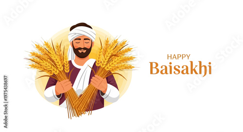 A cheerful vector illustration celebrates the Baisakhi festival, featuring a man in traditional Punjabi attire holding wheat sheaves against a bright background, evoking a joyful