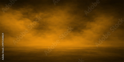 Abstract mysterious atmospheric fog blankets the scene in an orange hues, creating a surreal and eerie environment. Evoking a sense of suspense and intrigue.