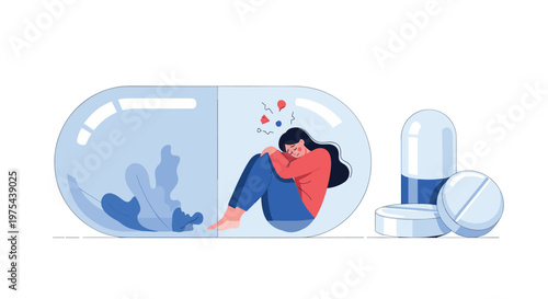 Sad and depressed woman sits inside a giant medical capsule pill representing mental health struggles and pharmaceutical dependency.