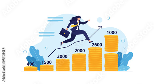Determined businesswoman jumps over several stacks of gold coins that increase in value to achieve her financial growth goals.
