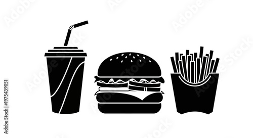 Black Silhouette Icon of Fast Food Meal: Burger, Fries, and Drink with Straw