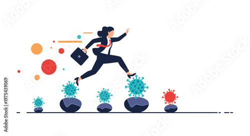 Businesswoman wearing a mask jumps across floating virus cells representing the challenges of navigating the global pandemic crisis.
