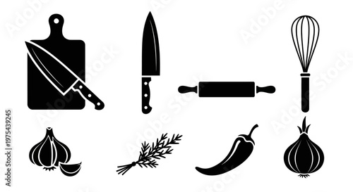 Kitchen Utensils and Ingredients Icons: Cooking Tools, Vegetables, Herbs