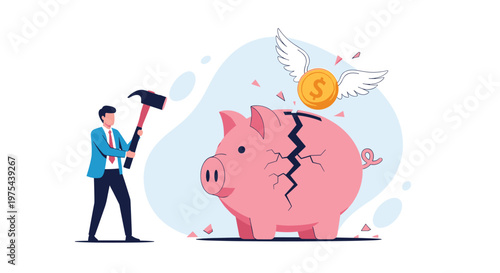 Businessman uses a hammer to break a giant piggy bank while a golden dollar coin with wings flies away into the sky.