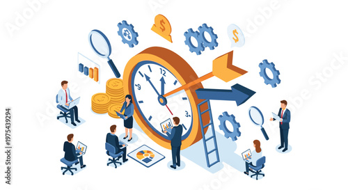 Diverse business team works around a giant orange clock with an arrow through it to manage time and meet project deadlines.