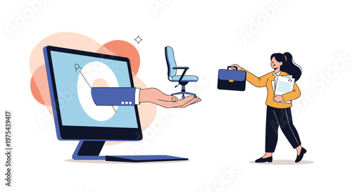 Hand emerges from a computer monitor to offer an office chair to a woman with a briefcase representing remote recruitment.