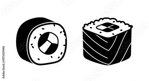 Black and White Sushi Rolls Icons: Maki and Nigiri