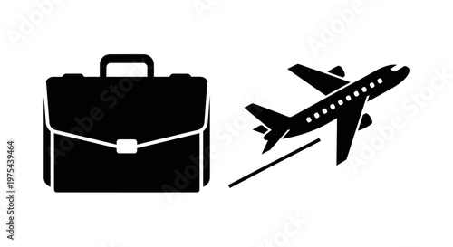 Business Travel Concept: Briefcase and Airplane Taking Off