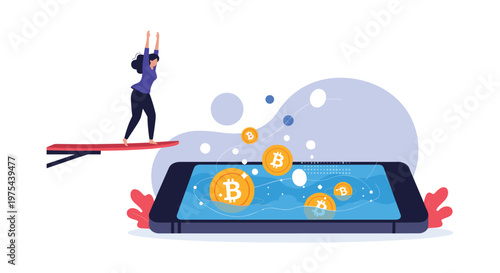 Businesswoman stands on a diving board prepared to jump into a smartphone screen filled with digital bitcoin currency.