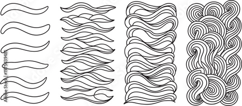 Abstract visual progression of wavy lines transforming from individual strokes to densely packed, interwoven patterns creating a textured visual