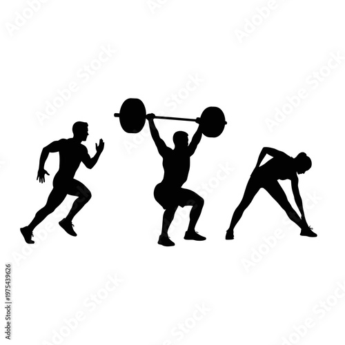 Fitness Silhouette Icons: Running, Weightlifting, Stretching - Dynamic Workout Collage