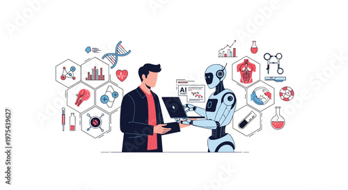 Man and a humanoid robot collaborate on a laptop while surrounded by various high tech medical and biology icons.