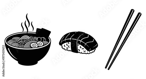 Japanese Ramen Noodle Soup and Salmon Nigiri Sushi with Chopsticks
