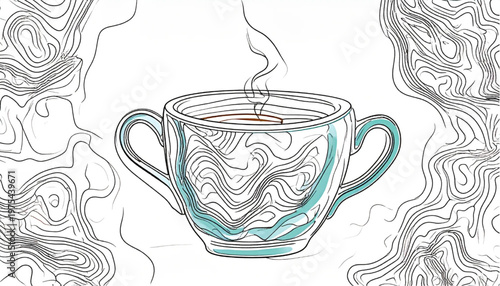 Artistic illustration of a steaming cup of tea with two handles.