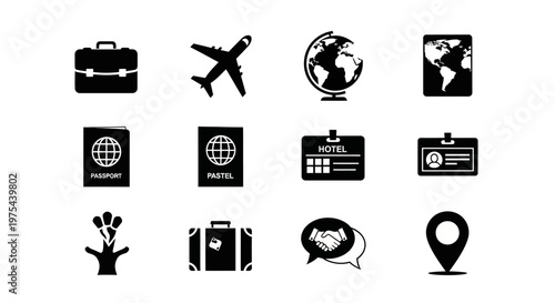 Travel and Business Icons: Airplane, Globe, Passport, Suitcase, Hotel, Location