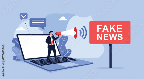 Businessman standing on a laptop keyboard using a megaphone to shout next to a red sign with fake news text in a blue background.