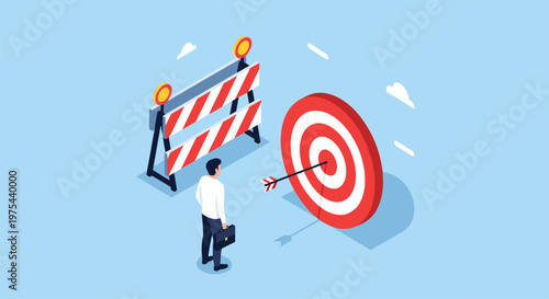 Businessman standing before a target with an arrow in the bullseye as a striped barrier blocks his direct path to the intended goal.