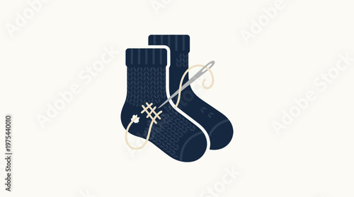 Pair of Socks with Visible Mending and Needle