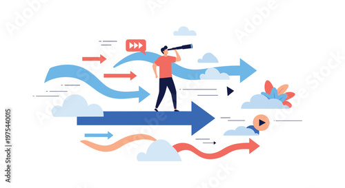 Man looking through a telescope while standing on a large blue arrow pointing forward among many other smaller colorful arrows.