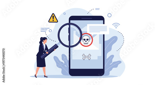 Businesswoman using a large magnifying glass to inspect a digital skull icon on a smartphone screen representing cyber security threats.