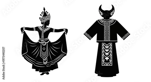 Traditional Thai Dance Costume and Warrior Outfit Silhouettes