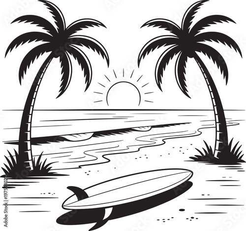 Black and white of a tropical beach scene at sunset with two palm trees a surfboard on the sand and gentle waves rolling onto the shore under a