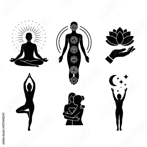 Yoga Meditation Chakra Balance Human Silhouette Icons Set