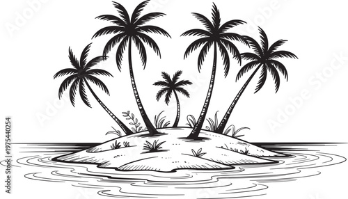 Black and white of a small tropical island with multiple palm trees surrounded by wavy water lines, conveying a serene vacation destination