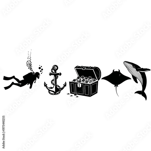Underwater Treasure Hunt: Diver, Anchor, Chest, Stingray, and Whale