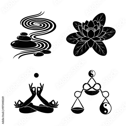 Zen balance symbols: stones, lotus, yoga pose, yin yang scales