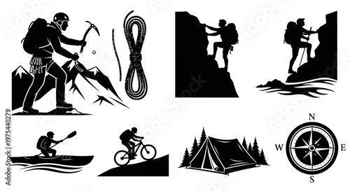 Adventure Sports Silhouette Icons: Climbing, Kayaking, Cycling, Camping, Hiking, Compass