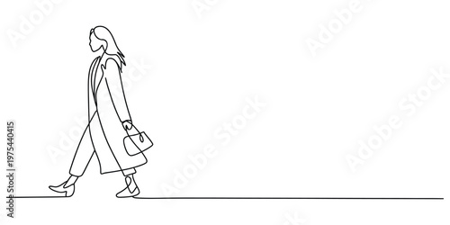 Continuous line drawing of a woman walking with a handbag