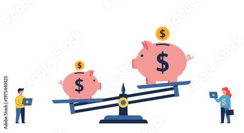 Two pink piggy banks of different sizes on a balance scale being monitored by people using laptops for financial budget planning.