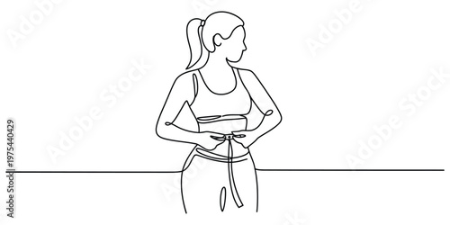 Woman measuring her waist with a tape measure line art