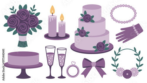Wedding elements in shades of purple, including cake, flowers, jewelry, and celebratory glasses, high quality professional detailed modern elegant stylish clean crisp vector illustration.