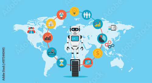 Robot balancing on a unicycle while surrounded by a circular frame of icons representing global business, time, and data analysis.