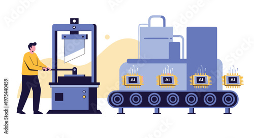 Industrial worker operating a large machine to cut through artificial intelligence processor chips moving along a conveyor belt.
