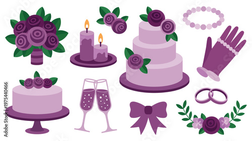 Wedding elements in shades of purple, including cake, flowers, jewelry, and celebratory glasses, high quality professional detailed modern elegant stylish clean crisp vector illustration.