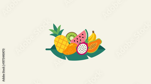 Colorful Tropical Fruits Composition on a Leaf