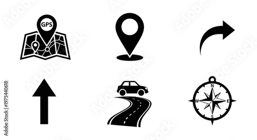 Navigation Icons: Map, GPS, Location Pin, Compass, Road, Arrow, Car