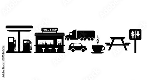 Roadside Rest Stop Icons: Gas Station, Store, Truck, Car, Coffee, Picnic, Restrooms