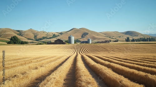 Organic wheat landscape with hand-harvested bundles tied in rows, surrounded by rolling hills, distant silo and farmhouse under clear blue sky