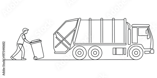 Continuous line drawing of a garbage collector with a bin