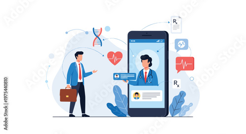Businessman holding a briefcase while talking to a doctor on a large smartphone screen with various medical and DNA icons.