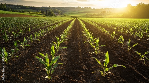 Panoramic shot of an agricultural field with parallel lines of young green corn plants emerging from rich dark soil under early morning sun