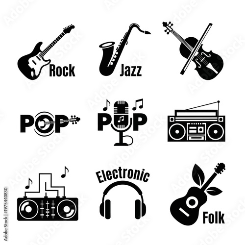 Diverse Music Genres Icons: Rock, Jazz, Pop, Electronic, Folk Instruments & Symbols