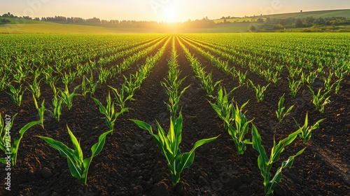 Panoramic shot of an agricultural field with parallel lines of young green corn plants emerging from rich dark soil under early morning sun