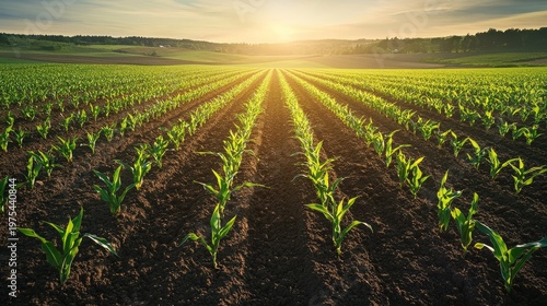 Panoramic shot of an agricultural field with parallel lines of young green corn plants emerging from rich dark soil under early morning sun