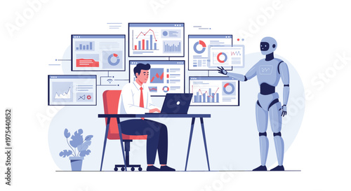 Businessman working at a desk with multiple monitors while an advanced robot points to various data charts for business analysis.